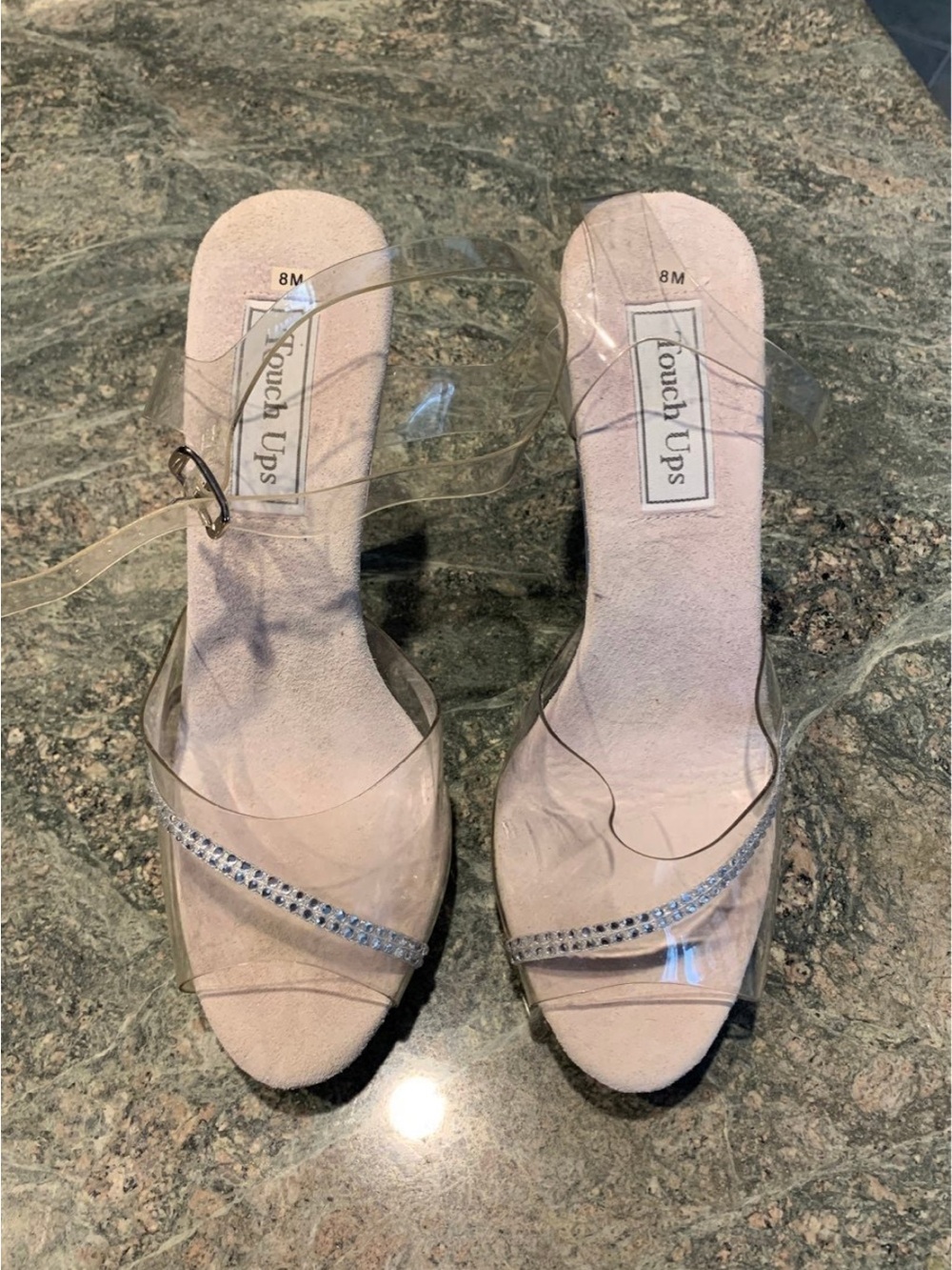 Touch Ups Pink Suede Clear-Strap Heels with Rhinestone Accent